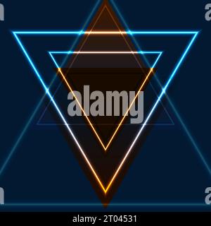 Blue and orange retro neon laser triangles abstract background. Glowing vector design Stock Vector