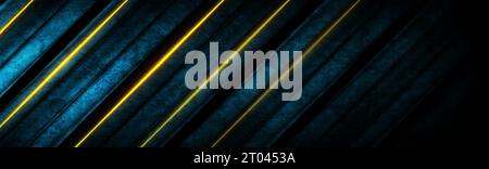 Dark blue striped background with glowing yellow lines. Abstract neon grunge vector banner design Stock Vector