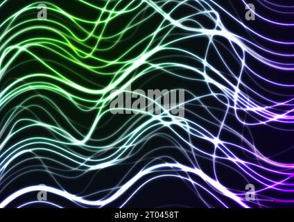 Abstract futuristic bright green violet neon wavy lines graphic design. Curved 3d flowing waves tech background. Vector illustration Stock Vector