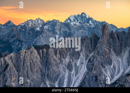 The jagged peaks of the Cadini di Misurina, Sesto Dolomites, South Tyrol, Alto-Adige, Italy Stock Photo