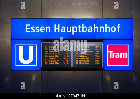 Illuminated display panel for the underground, Essen main station, Essen, Ruhr area, North Rhine-Westphalia, Germany Stock Photo