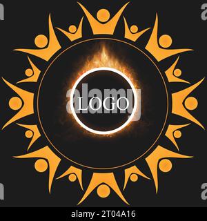 flame frame logo, circle shape, human hand, realistic burning fire vector. Circle Border logo Stock Vector