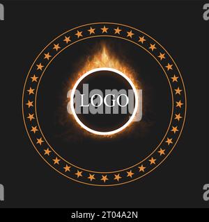 flame frame logo, circle shape, realistic burning fire vector. Circle Star Border logo Stock Vector