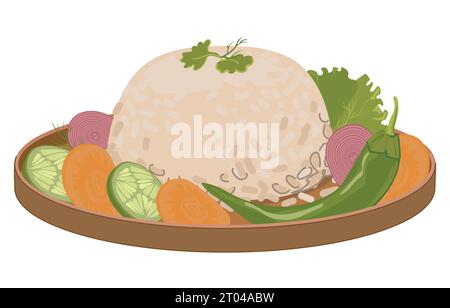 Boiled rice and vegetables on a platter. Vector, flat style. A traditional side dish or main dish in Asia and Japan. White fluffy basmati rice Stock Vector