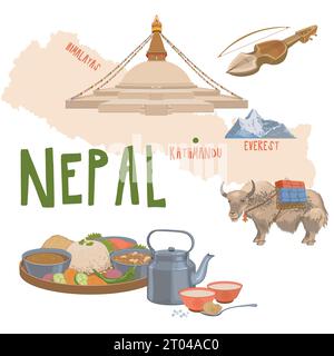 Map of Nepal with attractions. Traditional dishes, food products, Buddhist household items. Boudhanath, a yak with a load. Vector illustration Stock Vector