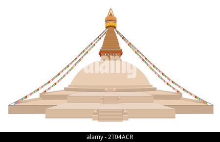 Bodnath, the great white stupa. Buddhist temple complex in Kathmandu. Buddhanath is the main center of Tibetan Buddhism in Nepal. Vector, flat style. Stock Vector