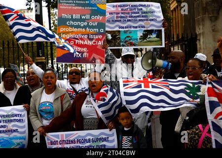 London, UK. October 3, 2023. British Indian Ocean Territory citizens seen at a vocal protest in London in support of the British Sovereignty of their homeland. Credit: Joe Kuis / Alamy Reportage Stock Photo