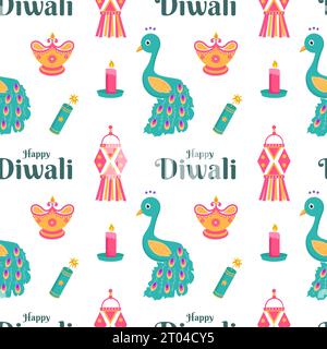 Happy Diwali Seamless Pattern Illustration Design with Light Festival of India Ornament in Cartoon Hand Drawn Template Stock Vector