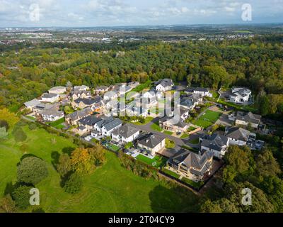 Aerial view of large detached houses in exclusive Earls Gate upmarket private housing estate in Bothwell, South Lanarkshire. Stock Photo