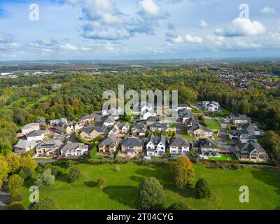 Aerial view of large detached houses in exclusive Earls Gate upmarket private housing estate in Bothwell, South Lanarkshire. Stock Photo