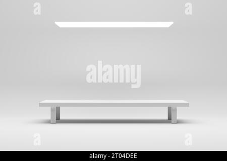 Empty bench or table pedestal or podium display in a white room. Futuristic stand or backdrop for product display. 3D render. Stock Photo