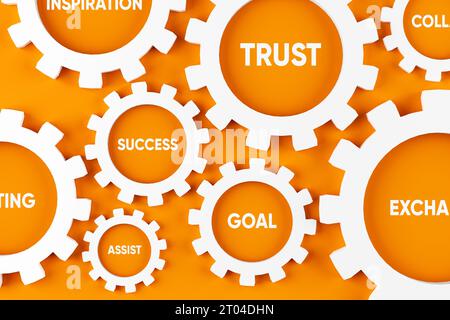 Core values, processes and coordination for business success. Cogwheels with business concepts. Stock Photo