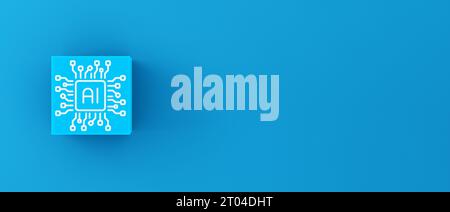 AI and futuristic technology concept. Artificial intelligence symbol on blue cube. Stock Photo