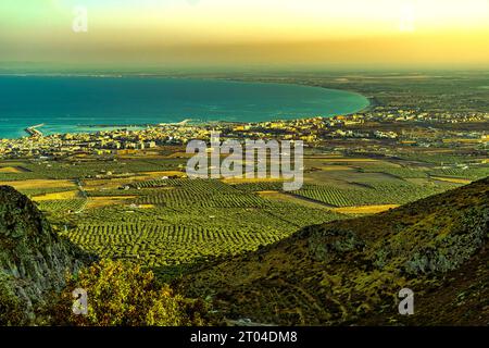 From the hermitages of Santa Maria di Pulsano the sea and the gulf of Manfredonia. Monte Sant'Angelo, province of Foggia, Puglia, Italy, Europe Stock Photo