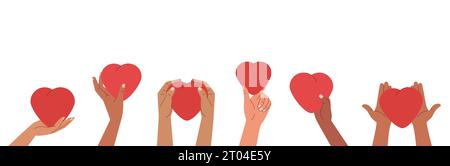 Human hands holding and giving red hearts. Concept of sharing love, compassion with people. Love symbols banner Stock Vector