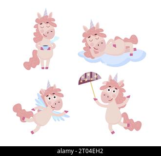 Set of funny cartoon pink Unicorn. Happy unicorn character holding cup of tea, dreaming on the cloud, walking with umbrella and flying on wings Stock Vector