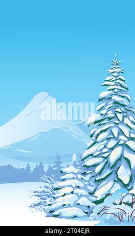Vertical scene with falling snow. Snow-covered trees, firs against the backdrop of forests and mountains. Vector illustration. Christmas scene. Stock Vector