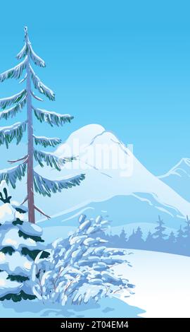 Vertical scene with falling snow. Snow-covered trees, firs against the backdrop of forests and mountains. Vector illustration. Christmas scene. Stock Vector