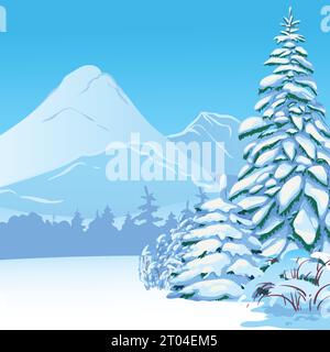 Vertical scene with falling snow. Snow-covered trees, firs against the backdrop of forests and mountains. Vector illustration. Christmas scene. Stock Vector