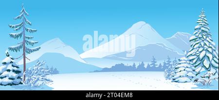 Winter scene with white snow. Vector illustration. Snow-covered trees against the backdrop of forests and mountains. Snowdrifts sparkling in frost Stock Vector