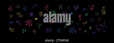 Set of line cute doodle elements. Bright colorful manga anime elements on black background. Starburst, firework, bling sketch freehand illustration Stock Vector