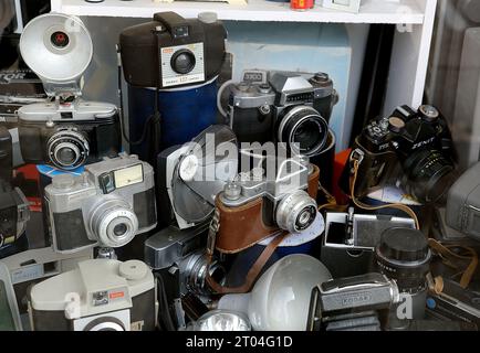 Vintage cameras in a window display in Aarhus, Central Jutland, Denmark ...