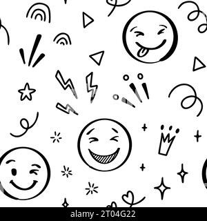 Doodle emoji seamless pattern. Hand drawn sketch positive emoticons background. Freehand emotion expression design Stock Vector