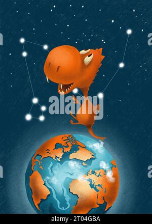 Year of the Dragon Chinese zodiac. Happy cartoon character flies in space under the Draco constellation above the planet Earth. Greeting card, cover, Stock Photo