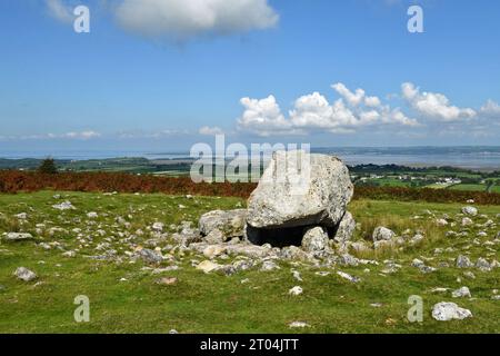 King Arthur's Stone up on the Cefn Bryn Ridge in the Gower AONB Peninsula on a sunny September day - car parking nearby. 5-mile-long Old Red Sandstone Stock Photo