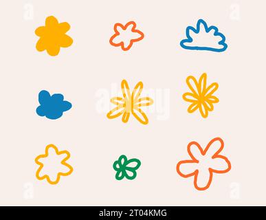 Naive groovy vector Boho doodle set. Brutal contemporary flowers. Swiss design aesthetic. Geometric black posters in trendy retro brutalist design sty Stock Vector