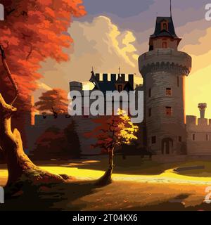 Old Scotney Castle, tower, house, gate and the surrounding park are on an autumn day . English country castle, vector illustration Stock Vector