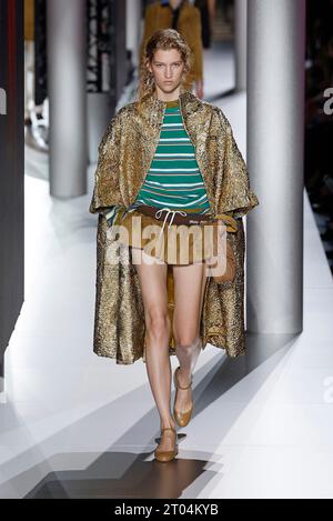 (231004) -- PARIS, Oct. 4, 2023 (Xinhua) -- A model presents a creation of Miu Miu's Spring/Summer 2024 ready-to-wear collections during the Paris Fashion Week, in Paris, France, on Oct. 3, 2023. (MeetEurope/Handout via Xinhua) Stock Photo