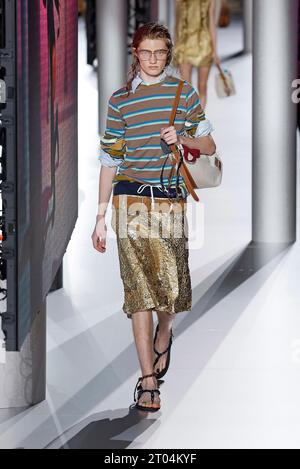 (231004) -- PARIS , Oct. 4, 2023 (Xinhua) -- A model presents a creation of Miu Miu's Spring/Summer 2024 ready-to-wear collections during the Paris Fashion Week, in Paris, France, on Oct. 3, 2023. (MeetEurope/Handout via Xinhua) Stock Photo