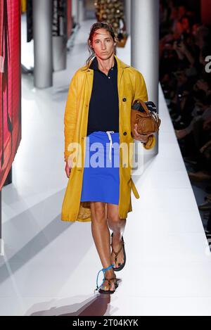 (231004) -- PARIS, Oct. 4, 2023 (Xinhua) -- A model presents a creation of Miu Miu's Spring/Summer 2024 ready-to-wear collections during the Paris Fashion Week, in Paris, France, on Oct. 3, 2023. (MeetEurope/Handout via Xinhua) Stock Photo