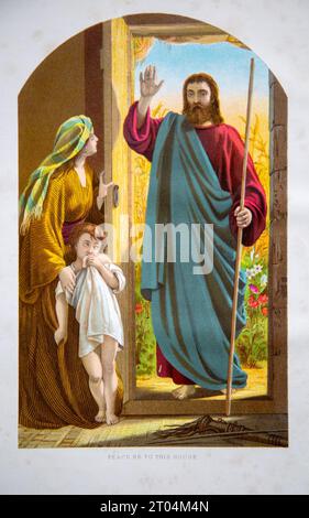 Nineteenth century Victorian Bible story illustration in Chromo-Lithography, Peace be to this House Stock Photo