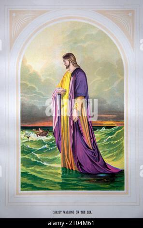 Nineteenth century Victorian Bible story illustration in Chromo-Lithography, Christ Walking on the Sea Stock Photo