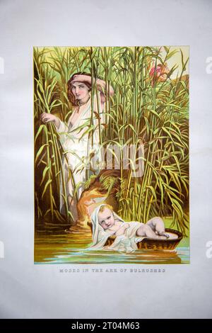 Nineteenth century Victorian Bible story illustration in Chromo-Lithography, Moses in the Ark of Bulrushes Stock Photo