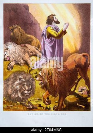 Nineteenth century Victorian Bible story illustration in Chromo-Lithography, Daniel in the Lion's Den Stock Photo
