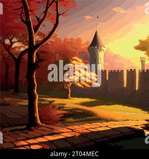 Old Scotney Castle, tower, house, gate and the surrounding park are on an autumn day . English country castle, vector illustration Stock Vector