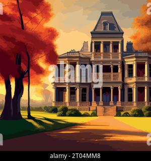 Old Scotney Castle, tower, house, gate and the surrounding park are on an autumn day . English country castle, vector illustration Stock Vector