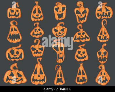Halloween pumpkin set. Autumn pumpkin characters for Thanksgiving and Halloween. Creepy, funny, spooky, scary emotions, clip art vector illustration Stock Vector