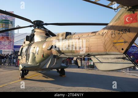 ISTANBUL, TURKIYE - MAY 01, 2023: Turkish Air Force Eurocopter AS 532UL Cougar (2524) displayed at Teknofest in Istanbul Ataturk Airport Stock Photo