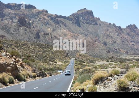 Road in Volcanic landscape in El Teide National Park on the Canary Island of Tenerife, Spain Stock Photo