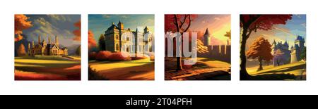 banner set Incredible landscape of meadow, orange trees on the hill and lonely castle under sunlight in a warm autumn day. vector illustration Stock Vector
