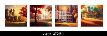 banner set Incredible landscape of meadow, orange trees on the hill and lonely castle under sunlight in a warm autumn day. vector illustration Stock Vector