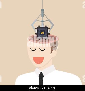 Robot arm put AI processing chip into human brain. machine learning and cyber mind domination concept. vector illustration. Stock Vector