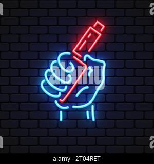 Electronic cigarette neon sign. Hand holding vape device. Vector illustration Stock Vector