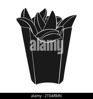 French fries in box. Icon black silhouette drawing. Vector illustration isolated on white background. Vector illustration Stock Vector