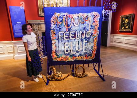 London, UK. 04th Oct, 2023. Royal Museums Greenwich unveiled a major new commission opening at the Queen's House The piece, by artist Alberta Whittle, is called ‘Feeling Blue' and was woven in Edinburgh by Dovecot. Is displayed on powder-coated steel gates, designed by Whittle and made at Glasgow Sculpture Studios. Credit: Paul Quezada-Neiman/Alamy Live News Stock Photo