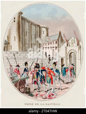 Storming of the Bastille, July 14th 1789. The arrest of Bernard René Jourdan, Marquis de Launay, hand coloured engraving by Martial Deny, 1789 Stock Photo